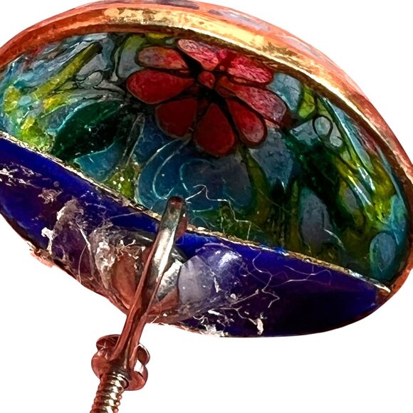 Vtg Floral Cloisonné Screw-Back Dome Earrings Floral Translucent Enamel Art - Picture 6 of 11